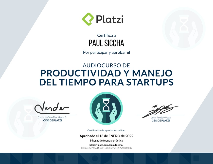 Diploma de Audiocurso de Productividad y Manejo del Tiempo para Startups