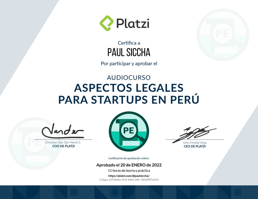 Diploma de Audiocurso Aspectos Legales para Startups en Perú