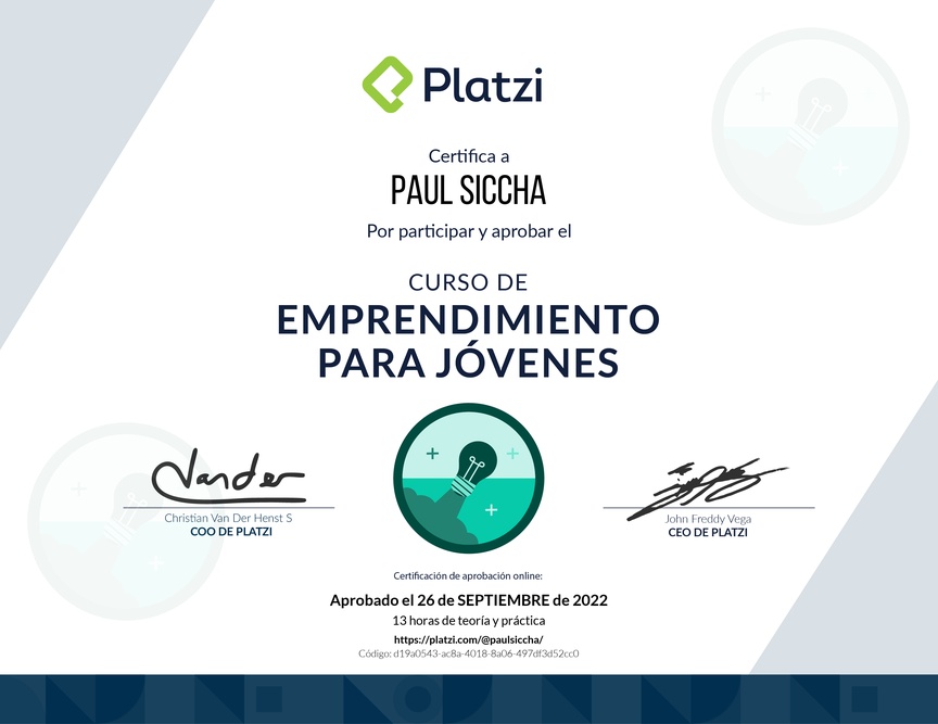 Diploma del Curso de Emprendimiento para Jóvenes