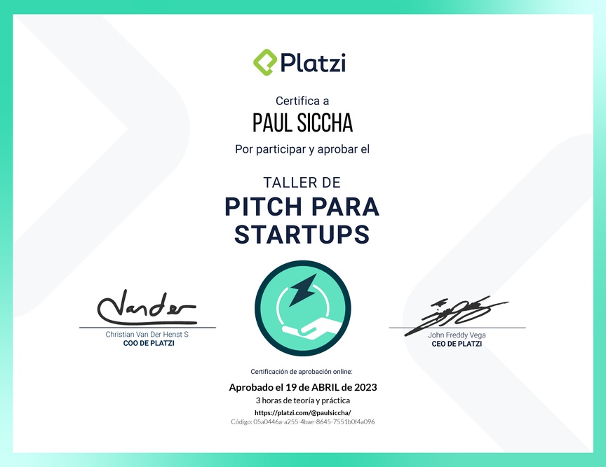 Diploma de Taller de Pitch para Startups