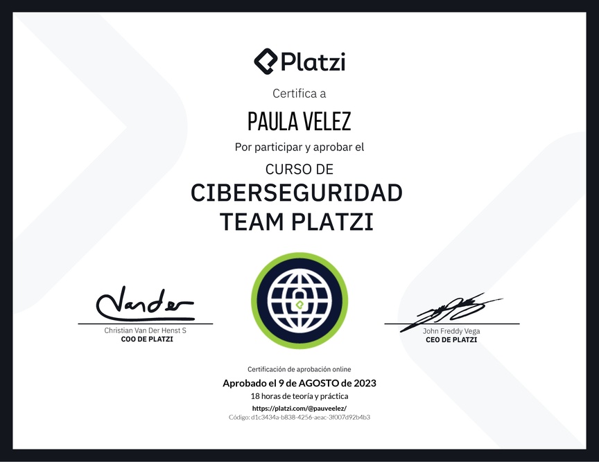 Diploma del Curso de Ciberseguridad y Privacidad - Team Platzi