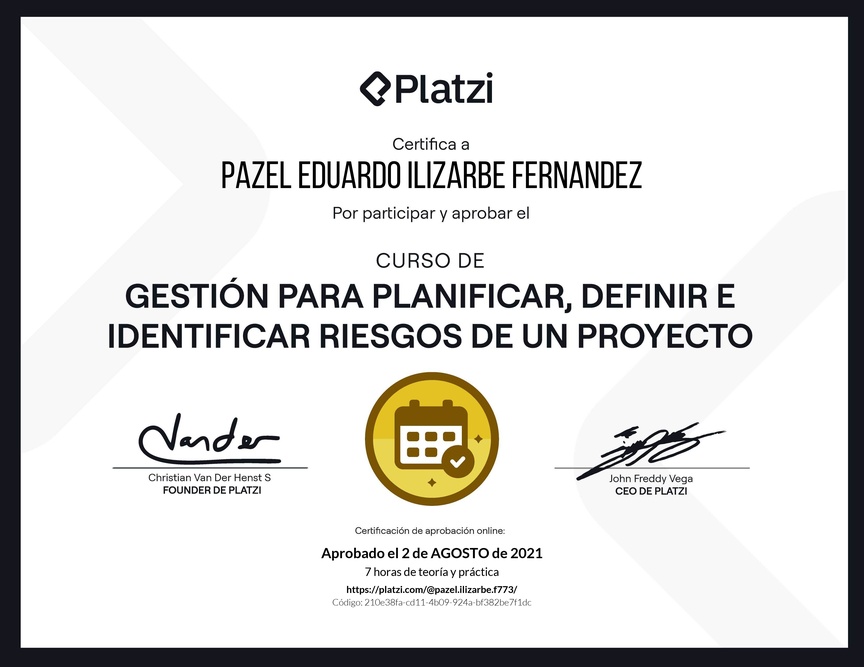 Diploma del Curso de Gestión para Planificar, Definir e Identificar Riesgos de un Proyecto
