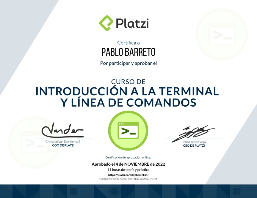 Diploma del Curso de Introducción a la Terminal y Línea de Comandos