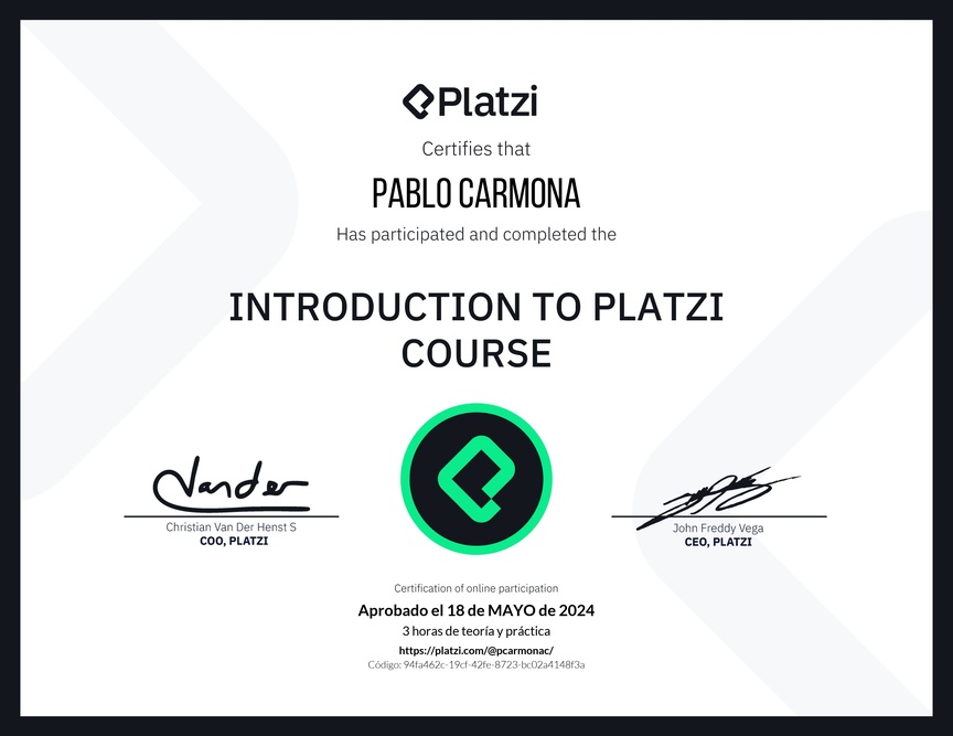 Diploma de Introduction to Platzi