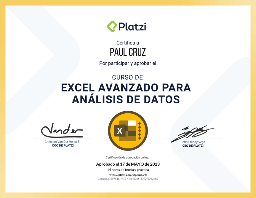 Diploma del Curso de Excel Avanzado para Análisis de Datos