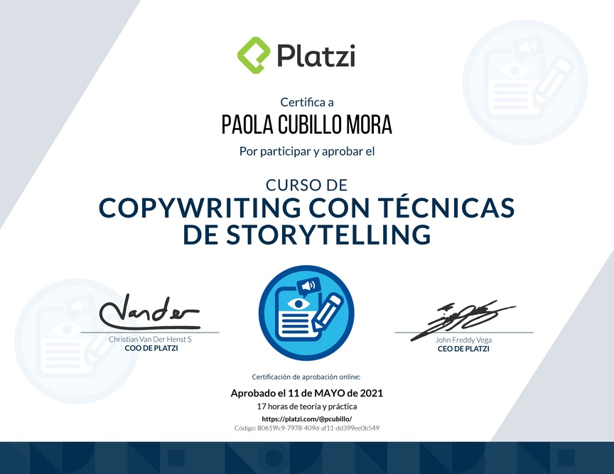 Diploma del Curso de Copywriting con Técnicas de Storytelling