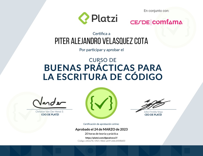 Diploma del Curso de Patrones de Diseño y Buenas Prácticas en PHP