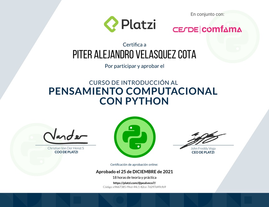 Diploma del Curso de Introducción al Pensamiento Computacional con Python