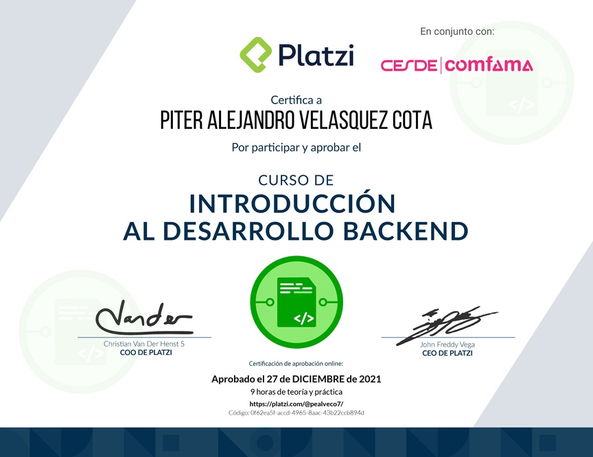 Diploma del Curso de Introducción al Desarrollo Backend