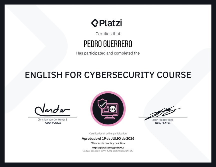 Diploma del Curso de Inglés para Ciberseguridad