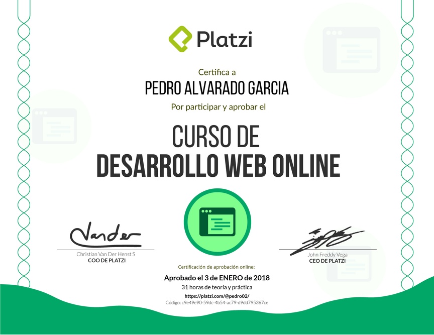 Diploma del Curso de Desarrollo Web Online 2016