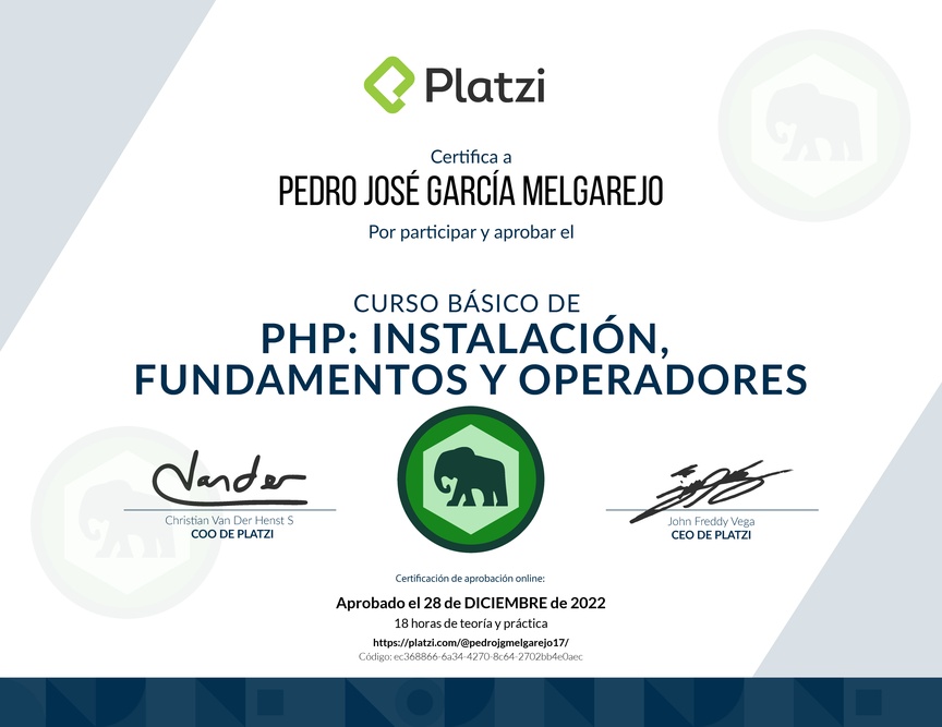 Diploma del Curso Básico de PHP: Instalación, Fundamentos y Operadores