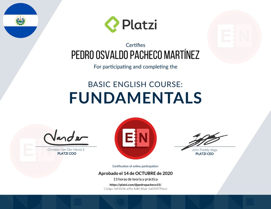 Diploma del Curso de Inglés Básico: Fundamentos 2018