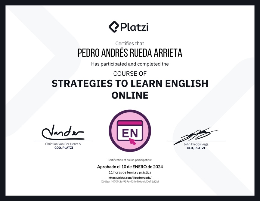 Diploma del Curso Gratis de Estrategias para Aprender Inglés en Línea