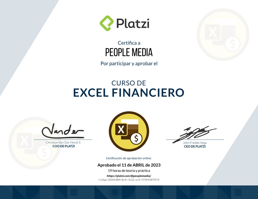Diploma del Curso de Análisis Financiero en Excel