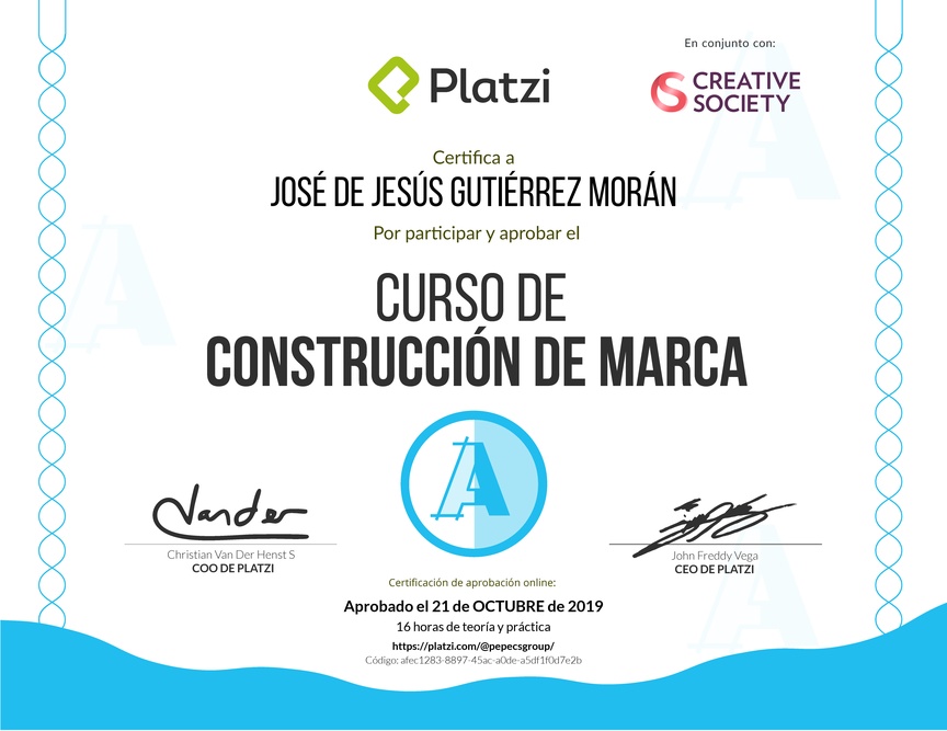 Diploma del Curso de Construcción de Marca 2016
