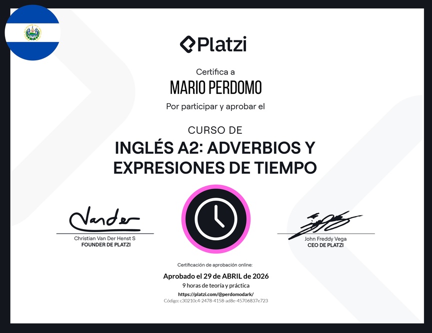 Diploma del Curso de Inglés Básico A2: Adverbios y Expresiones de Tiempo