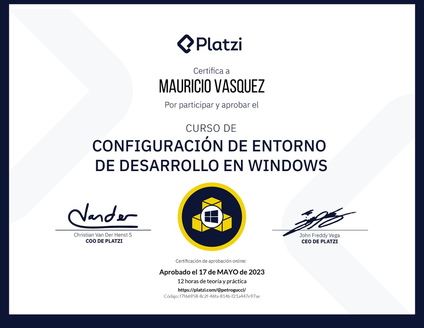 Diploma del Curso de Configuración de Entorno de Desarrollo en Windows