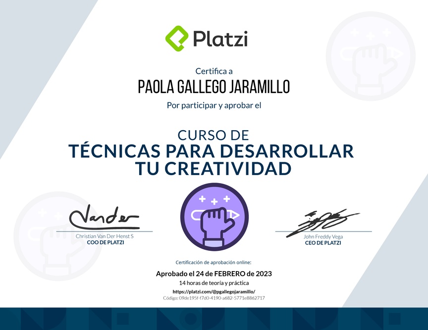 Diploma del Curso para Desarrollar tu Creatividad: Técnicas y Hábitos