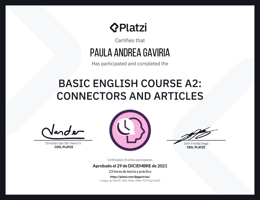 Diploma del Curso de Inglés Básico A2: Conectores y Artículos