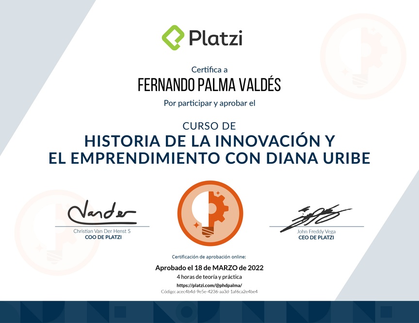 Diploma del Curso de Historia de la Innovación y el Emprendimiento con Diana Uribe