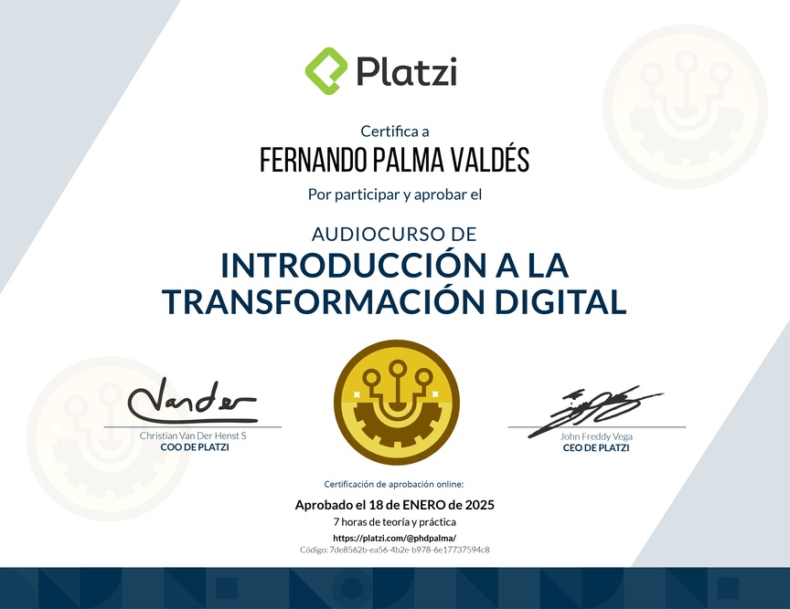 Diploma de Audiocurso de Transformacion Digital Inicial para Comprender, Identificar y Hacer Crecer tu Empresa