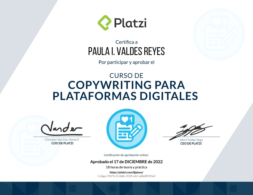 Diploma del Curso de Copywriting para Plataformas Digitales