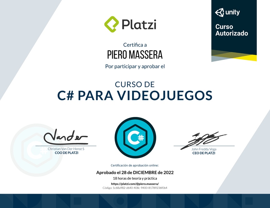 Diploma del Curso de C# para Videojuegos