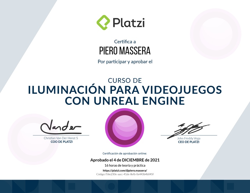 Diploma del Curso de Iluminación para Videojuegos con Unreal Engine