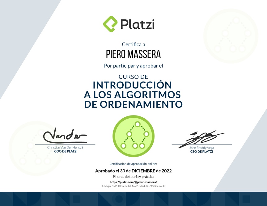 Diploma del Curso de Introducción a los Algoritmos de Ordenamiento
