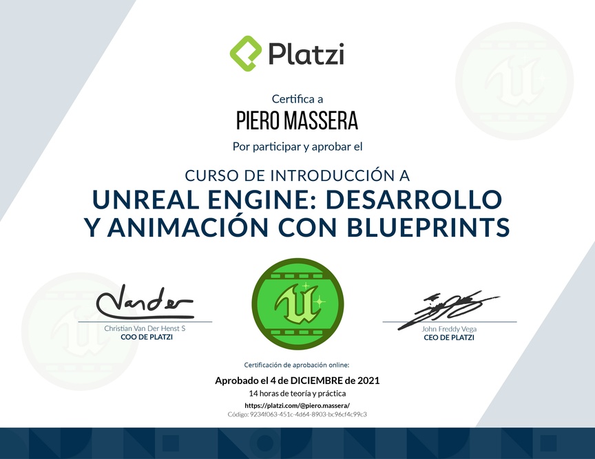 Diploma del Curso de Introducción a Unreal Engine: Desarrollo y Animación con Blueprints