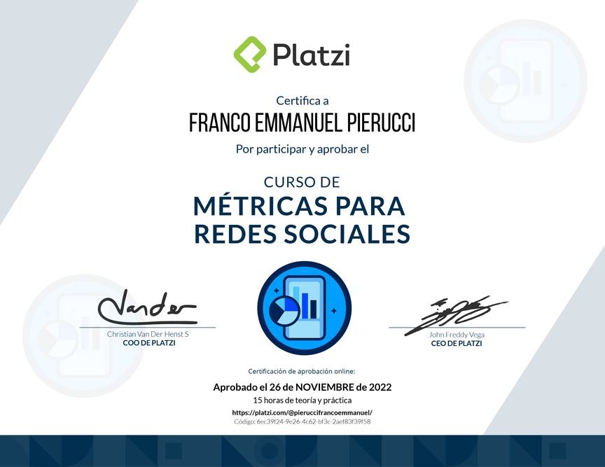 Diploma del Curso de Métricas para Redes Sociales