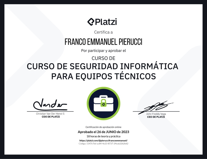 Diploma del Curso de Seguridad Informática para Equipos Técnicos