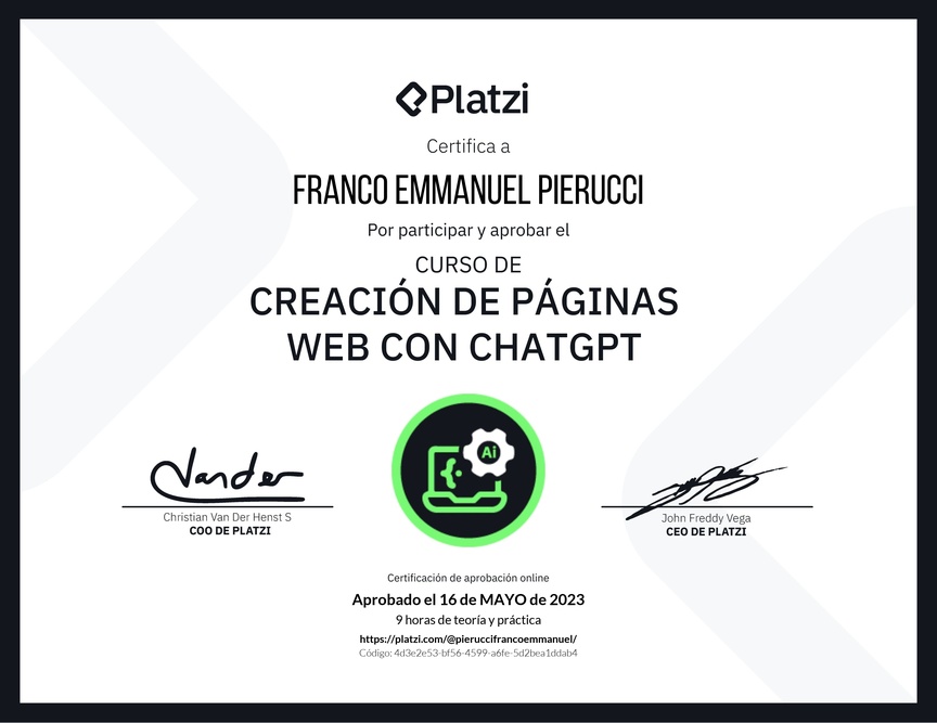 Diploma del Curso de Creación de Páginas Web con ChatGPT