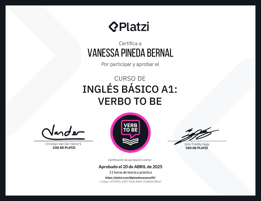 Diploma del Curso de Inglés Básico A1: Verbo To Be