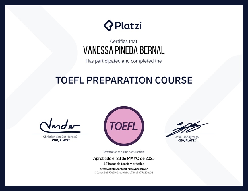 Diploma del Curso de Preparación para TOEFL