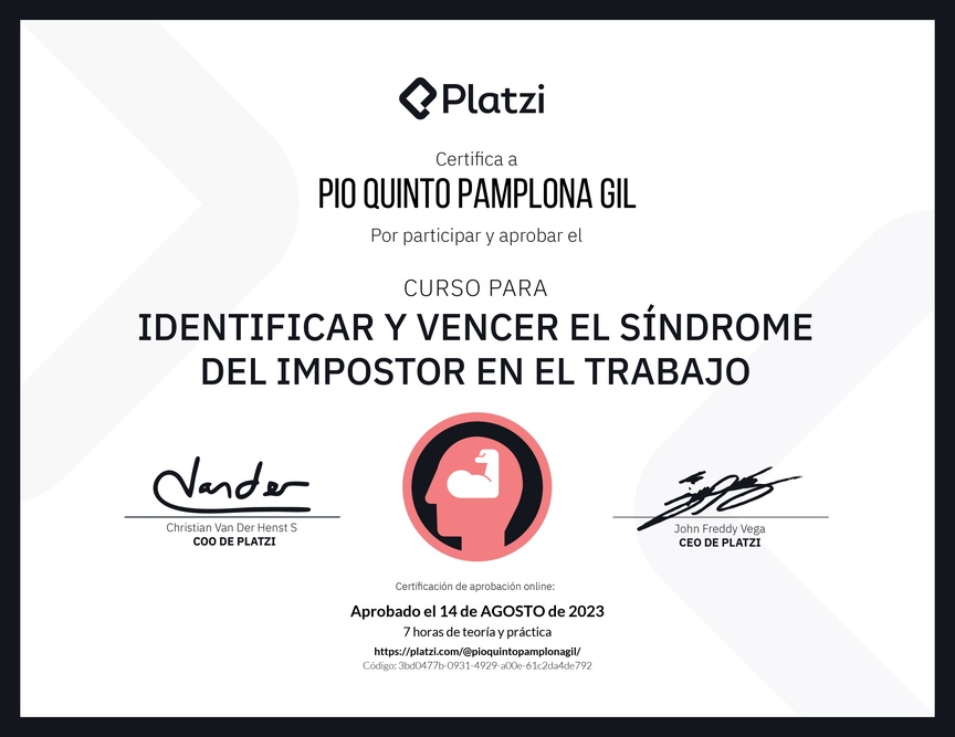 Diploma del Curso para Identificar y Vencer el Síndrome del Impostor