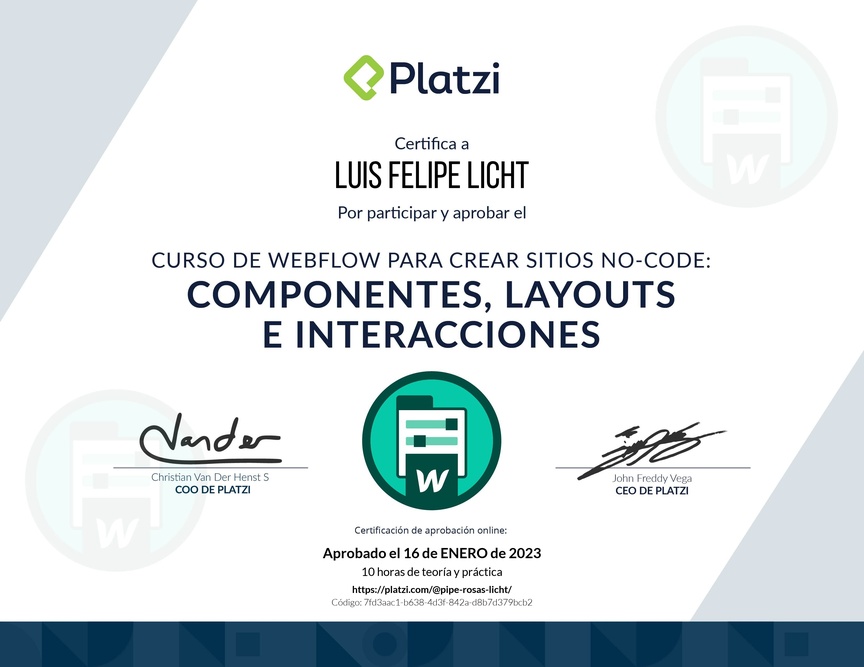 Diploma del Curso de Webflow para Crear Sitios No-code: Componentes, Layouts e Interacciones