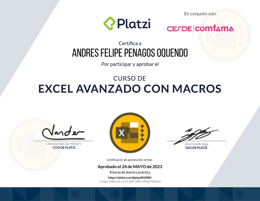 Diploma del Curso de Excel Avanzado con Macros