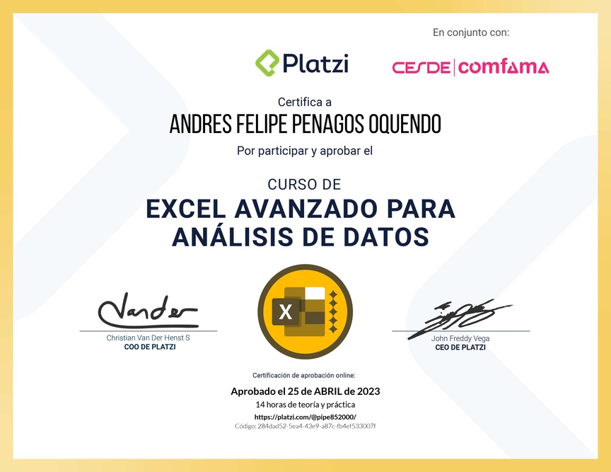 Diploma del Curso de Excel Avanzado para Análisis de Datos