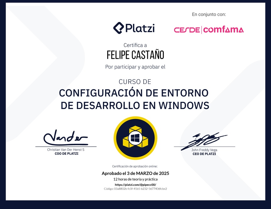Diploma del Curso de Configuración de Entorno de Desarrollo en Windows