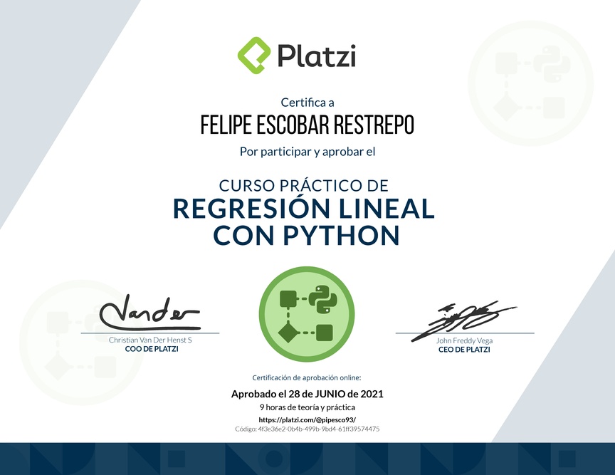 Diploma del Curso Práctico de Regresión Lineal con Python