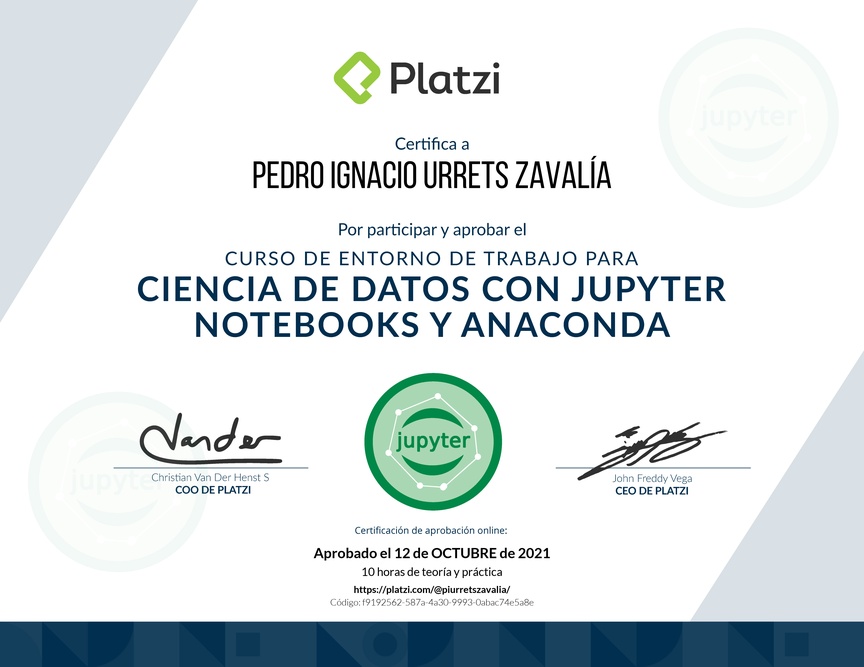 Diploma del Curso de Entorno de Trabajo para Ciencia de Datos con Jupyter Notebooks y Anaconda