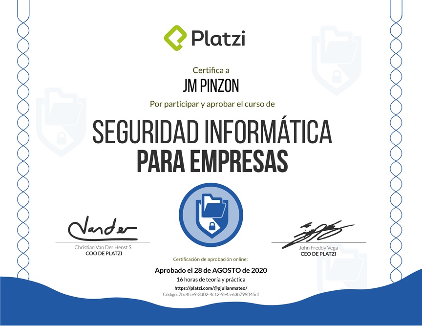 Diploma del Curso de Seguridad Informática para Empresas 2018