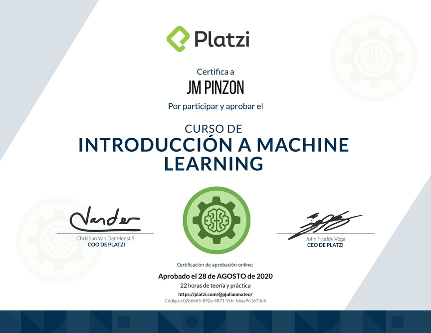 Diploma del Curso de Introducción a Machine Learning 2019
