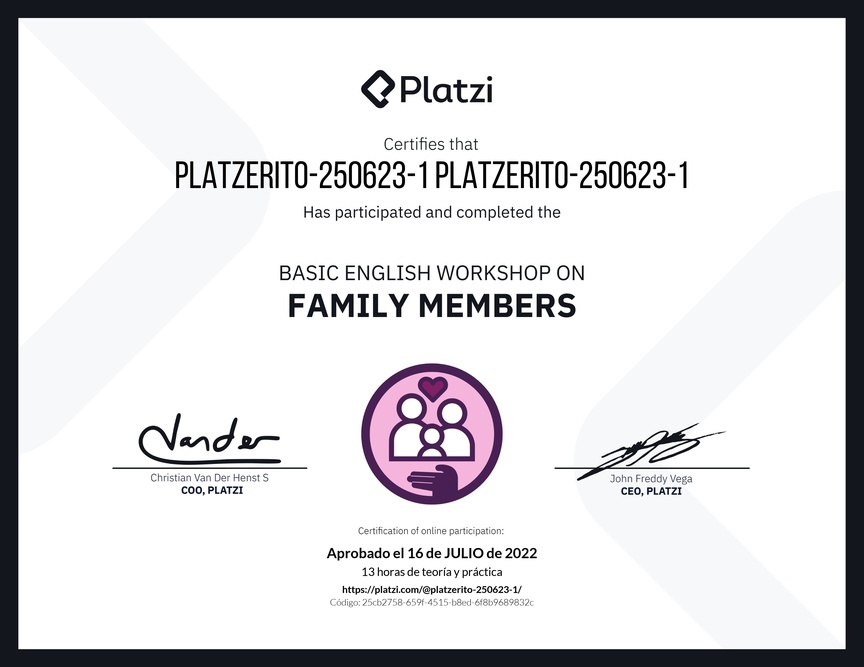 Diploma del Curso de Inglés Práctico sobre los Miembros de la Familia