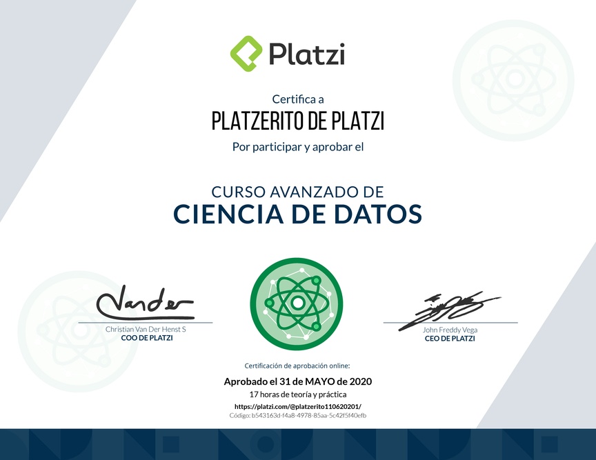 Diploma del Curso Profesional de Ciencia de Datos 2019