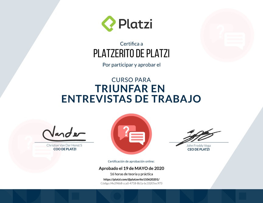 Diploma del Curso para Triunfar en Entrevistas de Trabajo