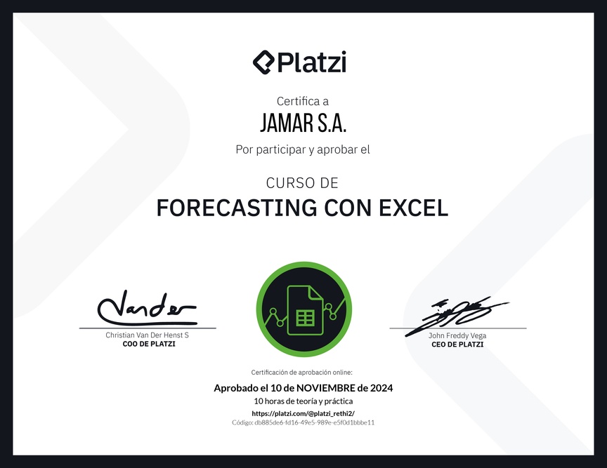 Diploma del Curso de Forecasting con Excel