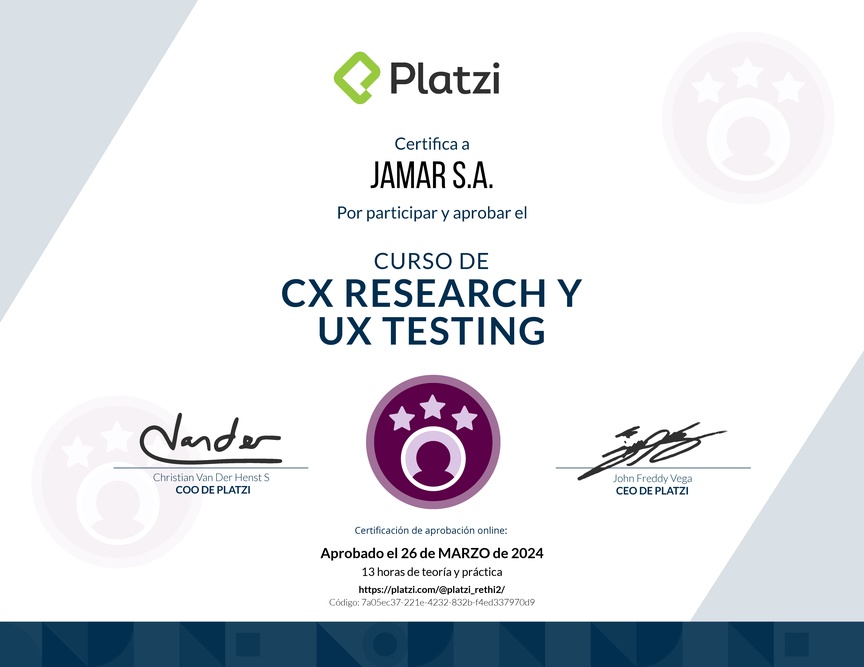 Diploma del Curso de CX Research y UX Testing